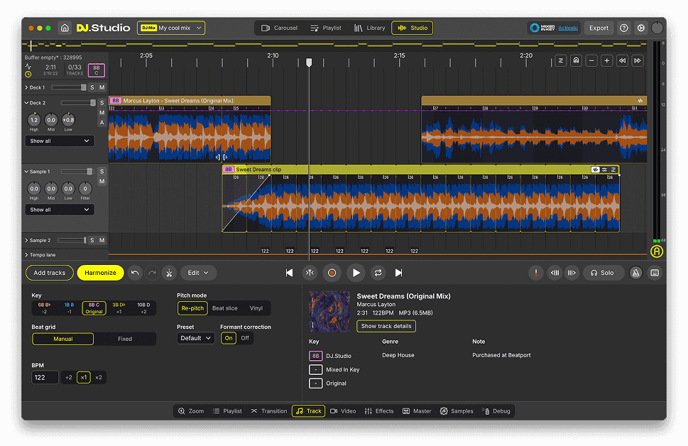 The DJ.Studio desktop app showing the timeline editor with waveforms, key and BPM detection