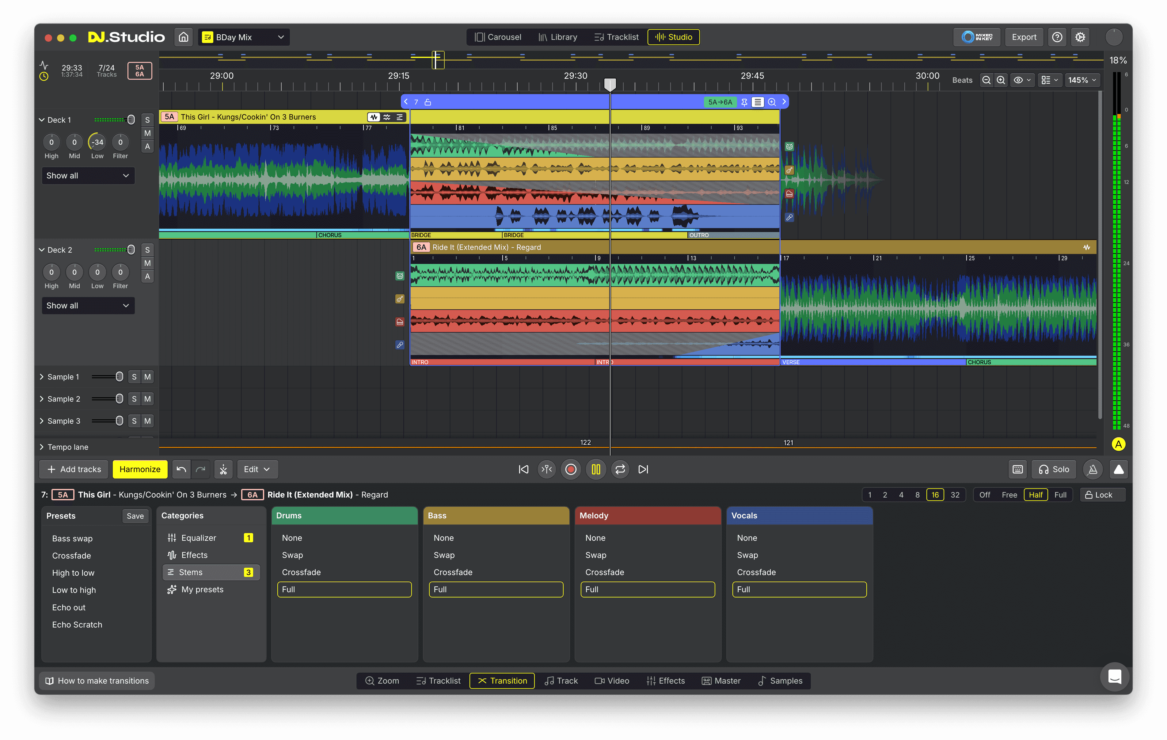 DJ.Studio on Windows: a DJ mix on the timeline with a transition and stems