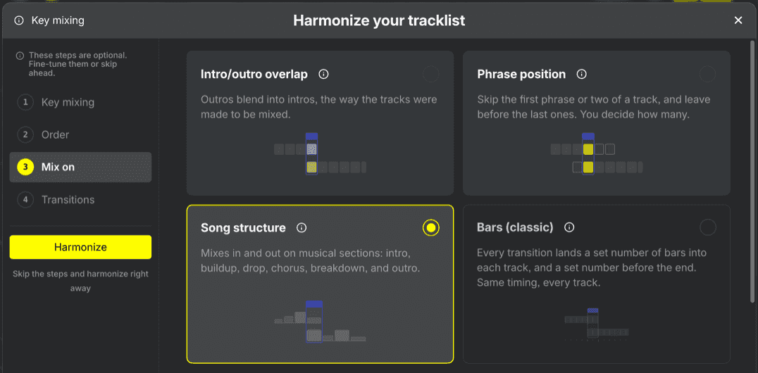 DJ.Studio 5.0 Harmonize Mix On options for phrase-aware transitions