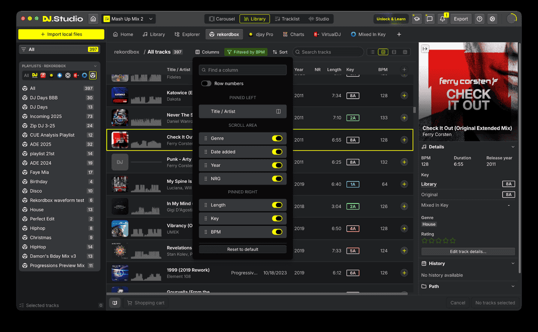 DJ.Studio 5.0 Library with playlists, filtering, columns and Track Details