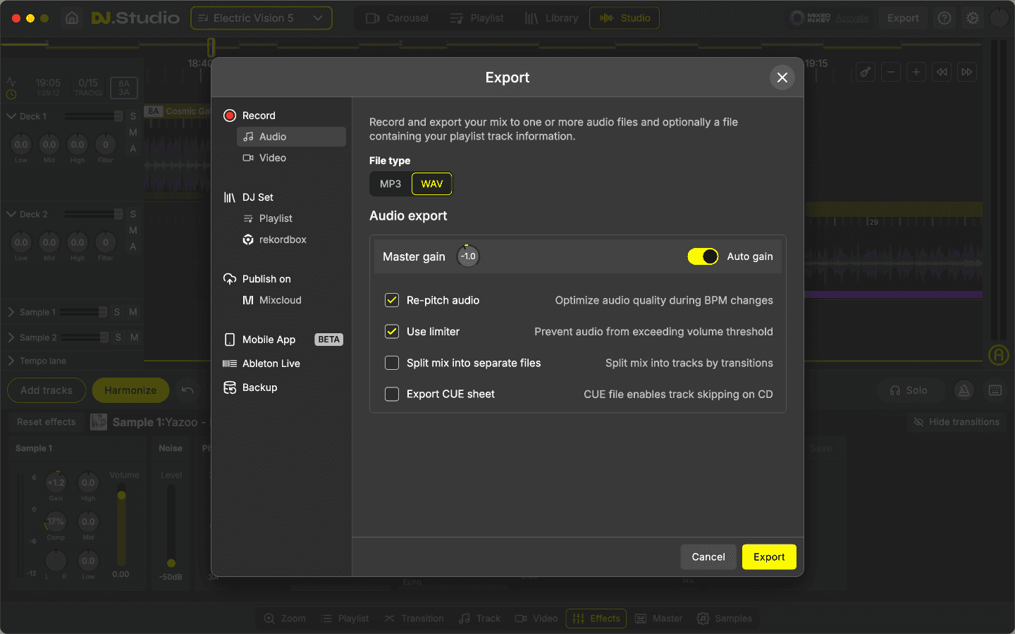 The DJ.Studio export window with MP3 and WAV audio export options