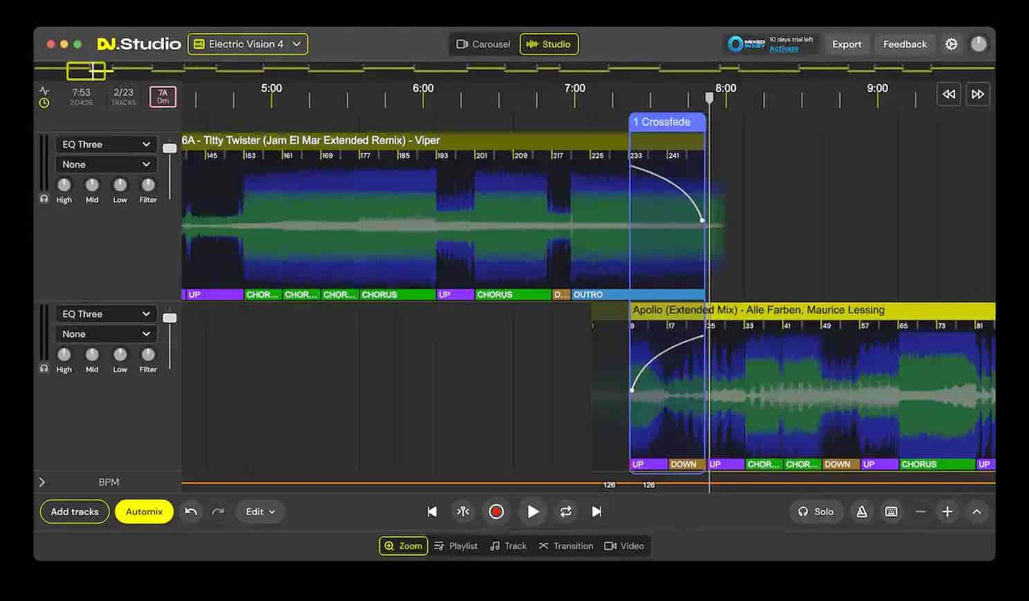 dj studio timeline transtiion