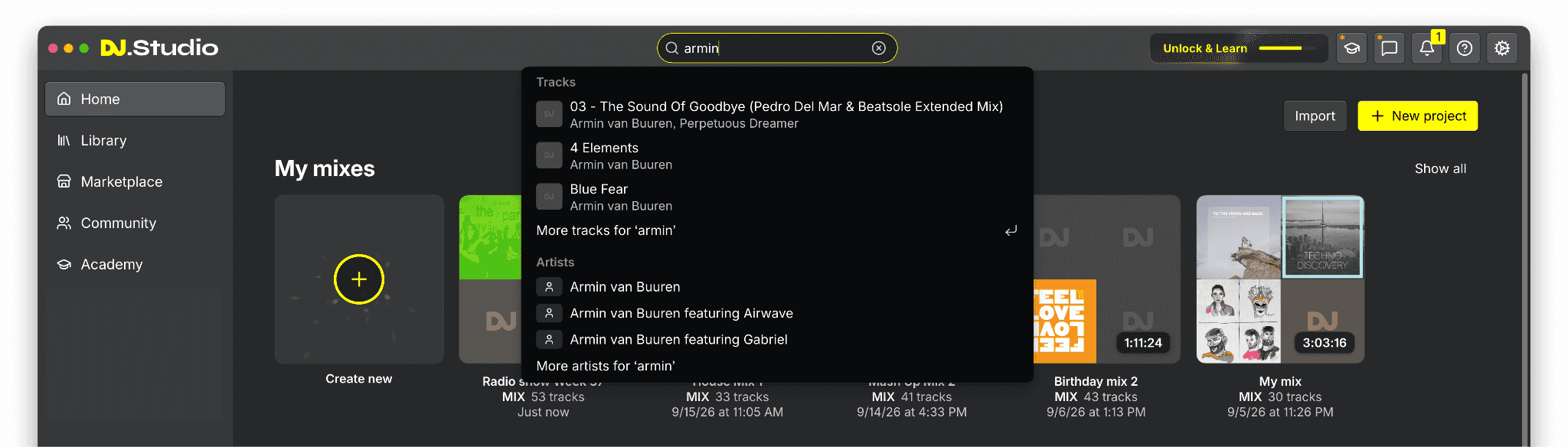 DJ.Studio 5.0 Universal Search for projects, tracks, artists and settings