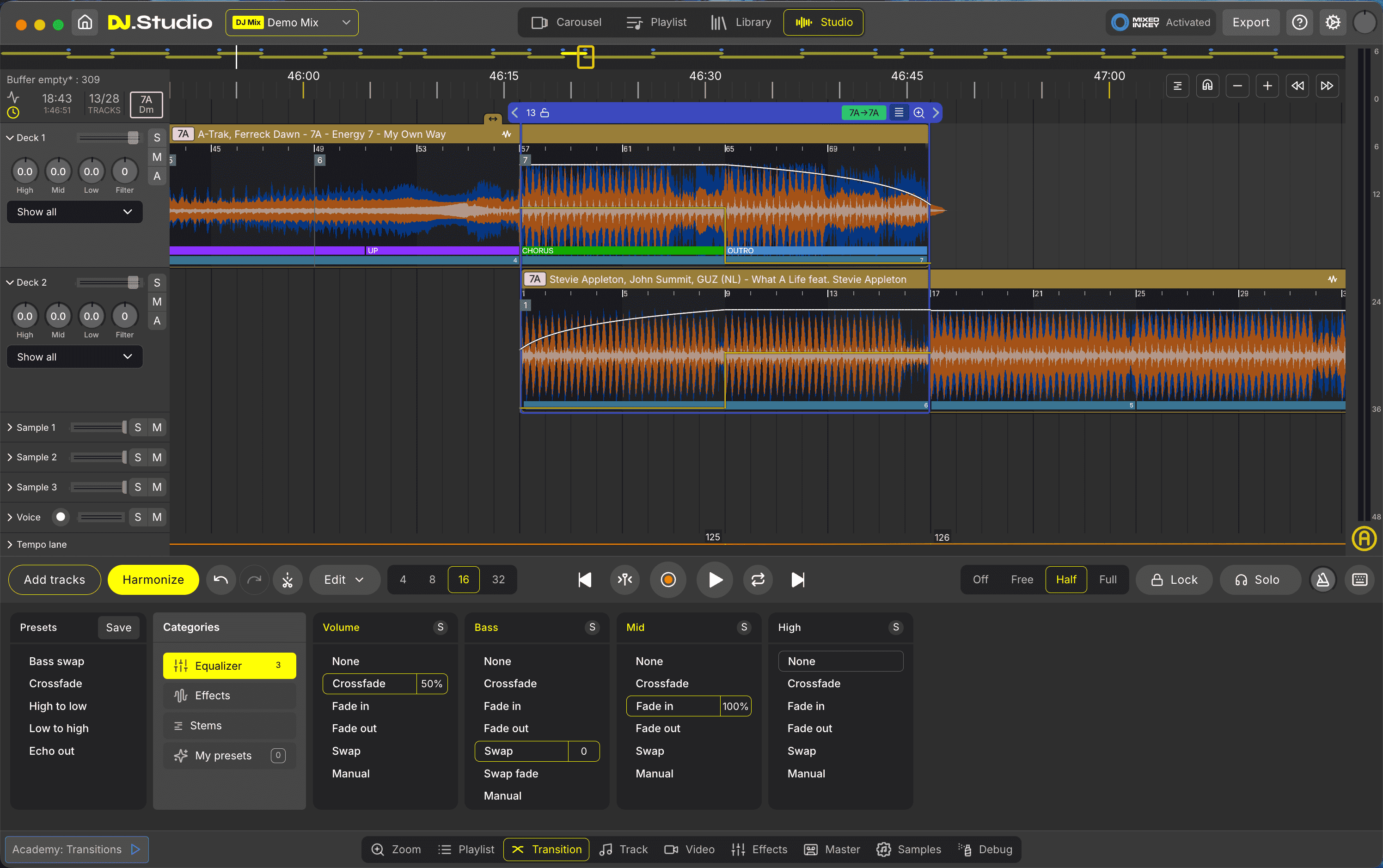 Transition tab selected in the Studio