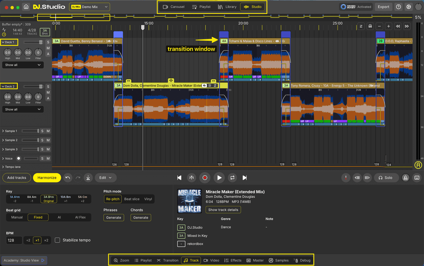 Transition window in DJ.Studio