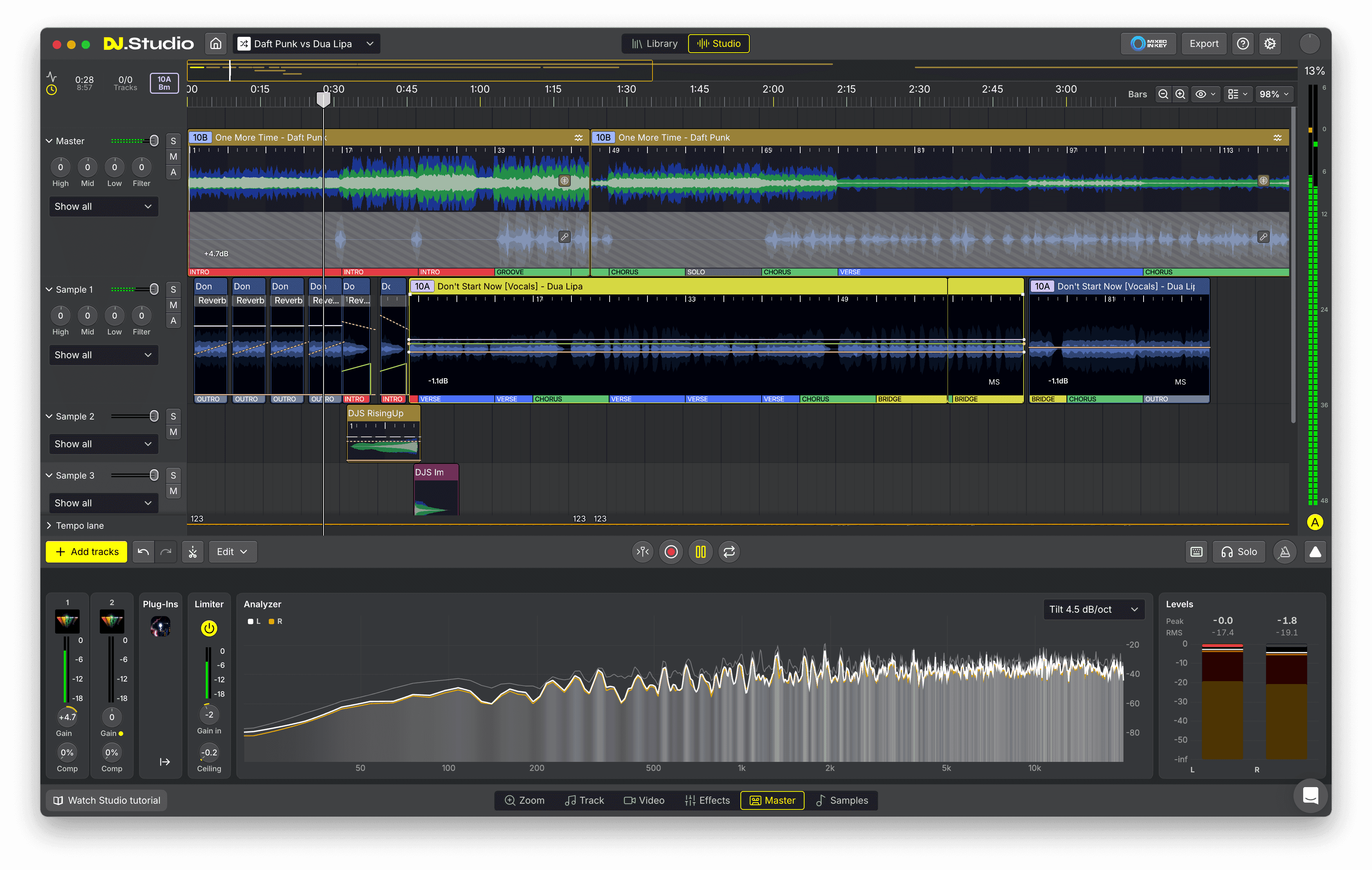 DJ.Studio Mashup arrangement with master chain visible