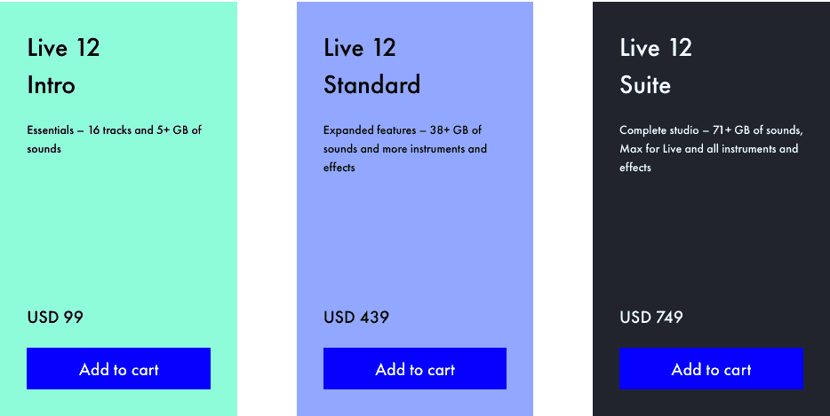 Ableton Live 12 Pricing Table