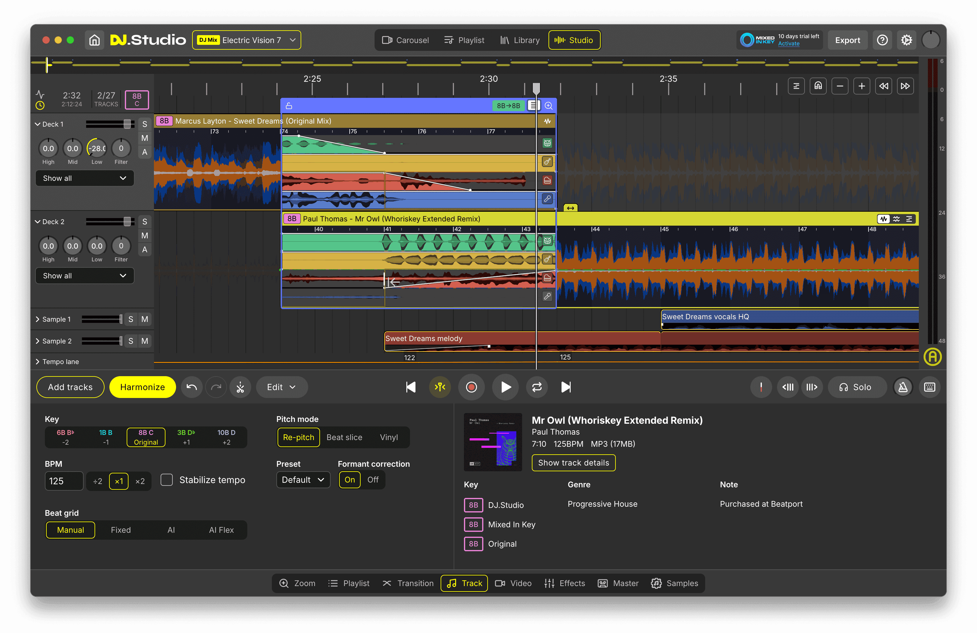 DJ.Studio Studio View showing a bedroom DJ mix timeline with two tracks, transition envelopes between them, and the track details panel with key, BPM and metadata.