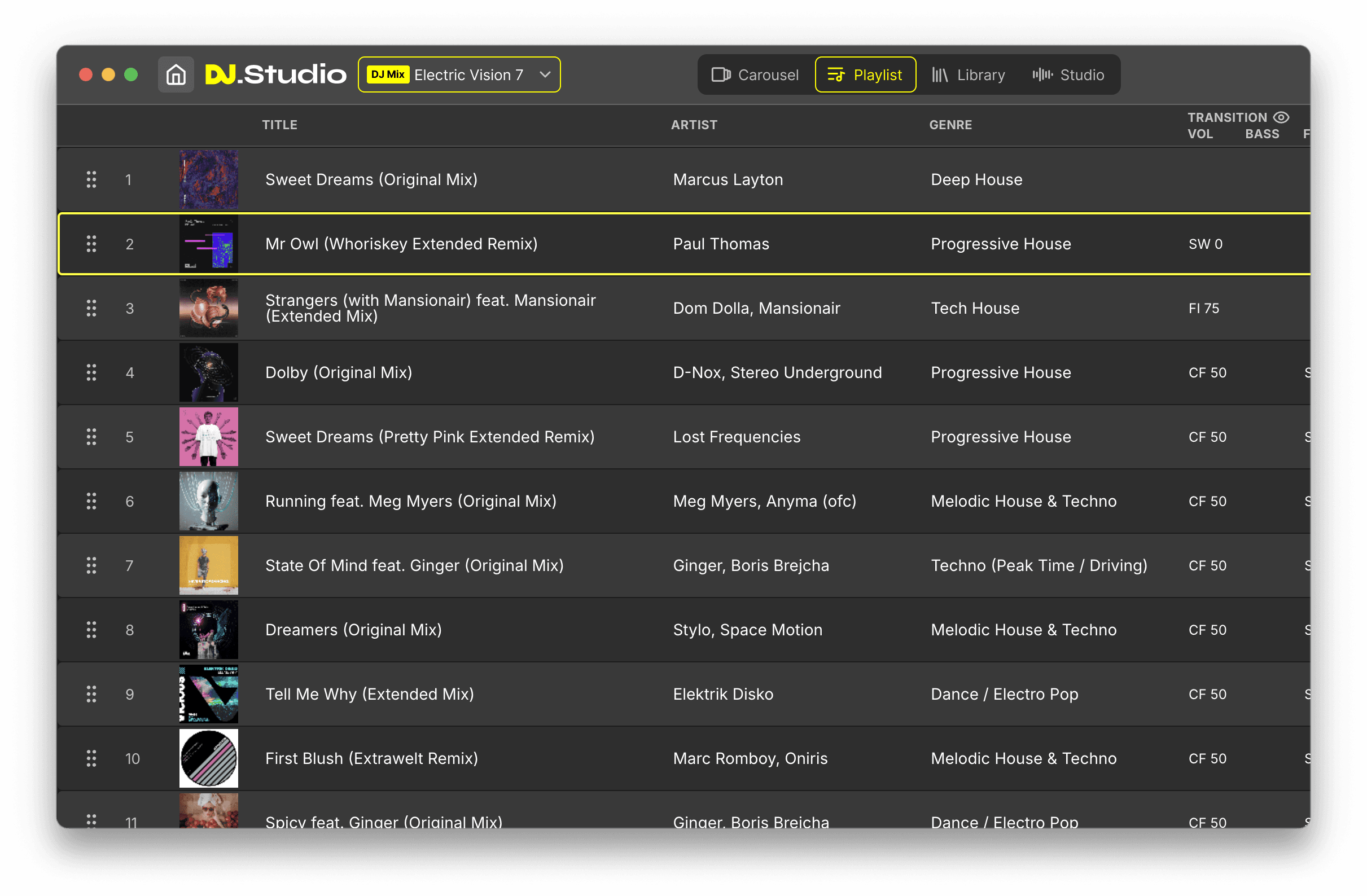 DJ.Studio Playlist View showing the full episode structure with tracks arranged on the timeline.
