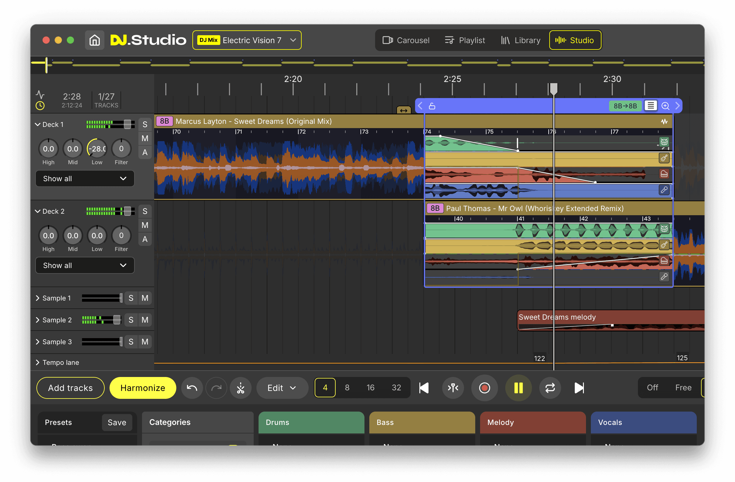 DJ.Studio Transition Editor showing crossfade timing, EQ and automation controls between two tracks.