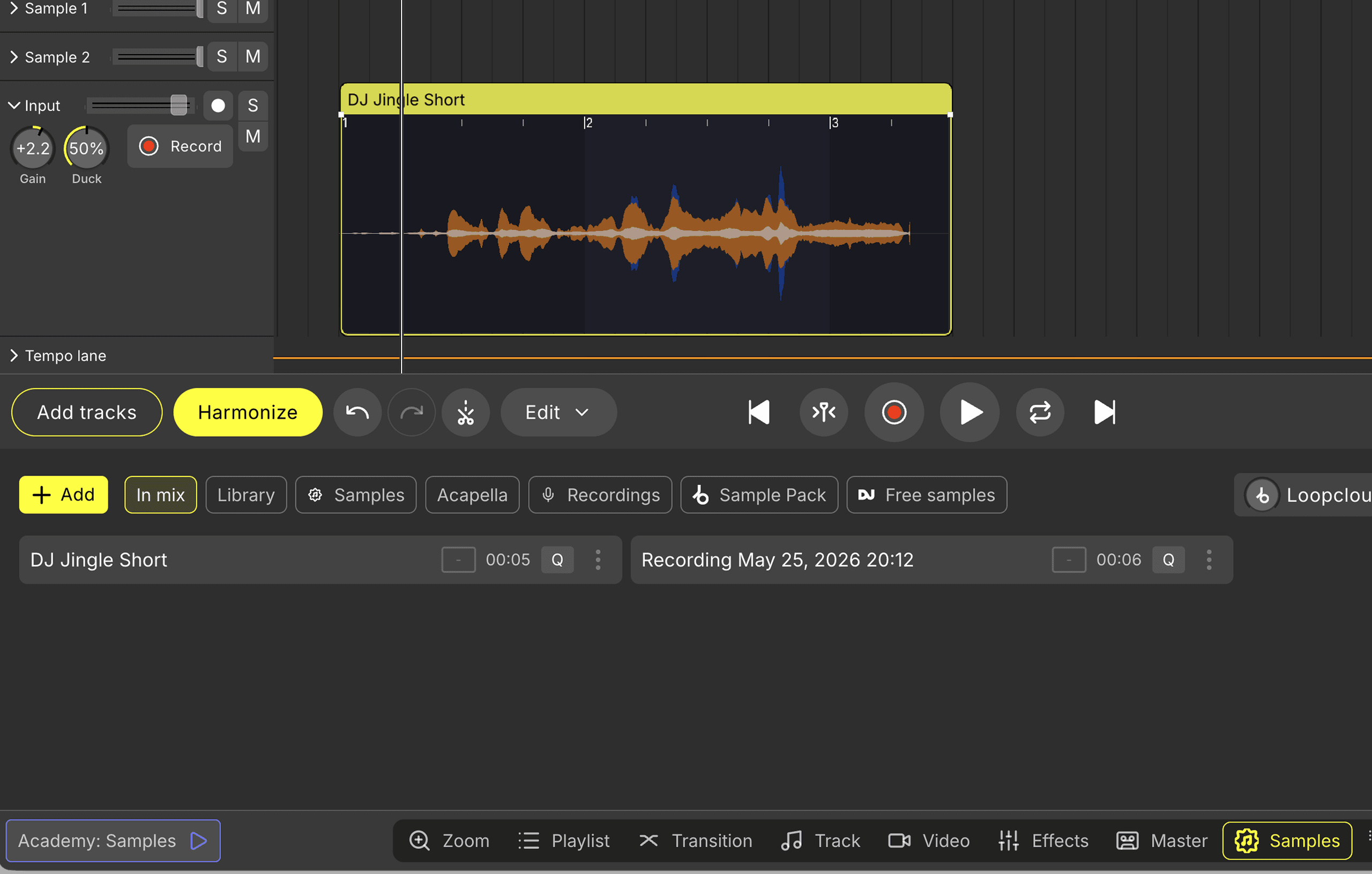 DJ.Studio input lane recording a voice-over over the music timeline, with sample lanes for jingles and station IDs.