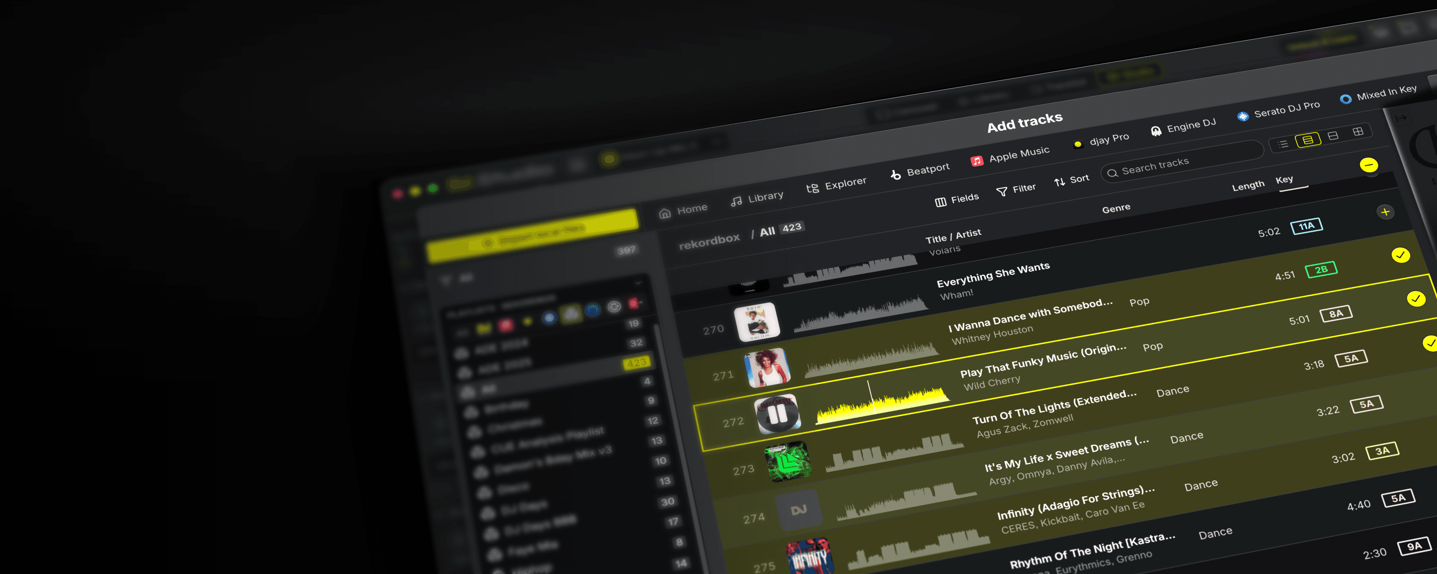 The Add tracks screen in DJ.Studio, with Beatport, Apple Music, djay Pro, Engine DJ, Serato DJ Pro and rekordbox as sources