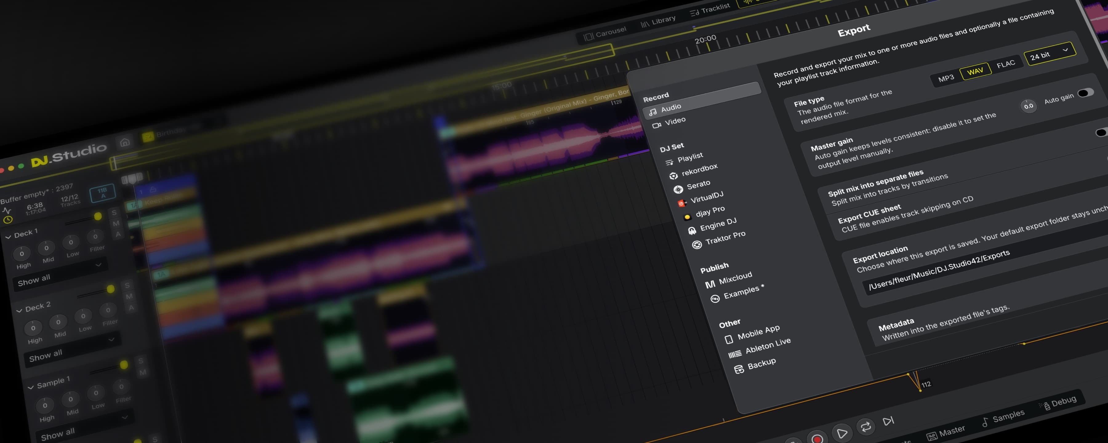 Export your mix or mashup as audio or video or to your live performance tools