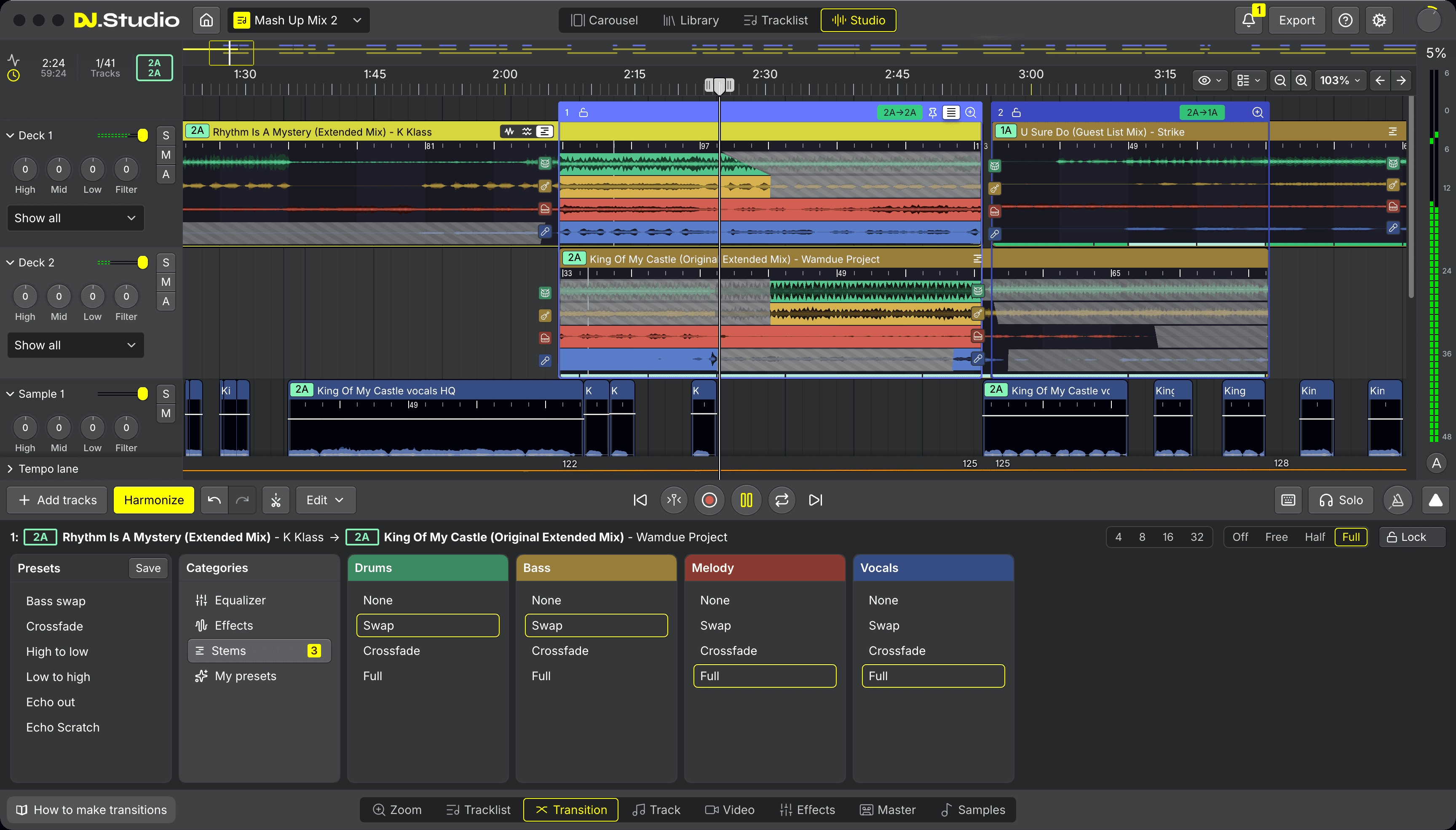 A DJ transition with stem separation on the DJ.Studio timeline
