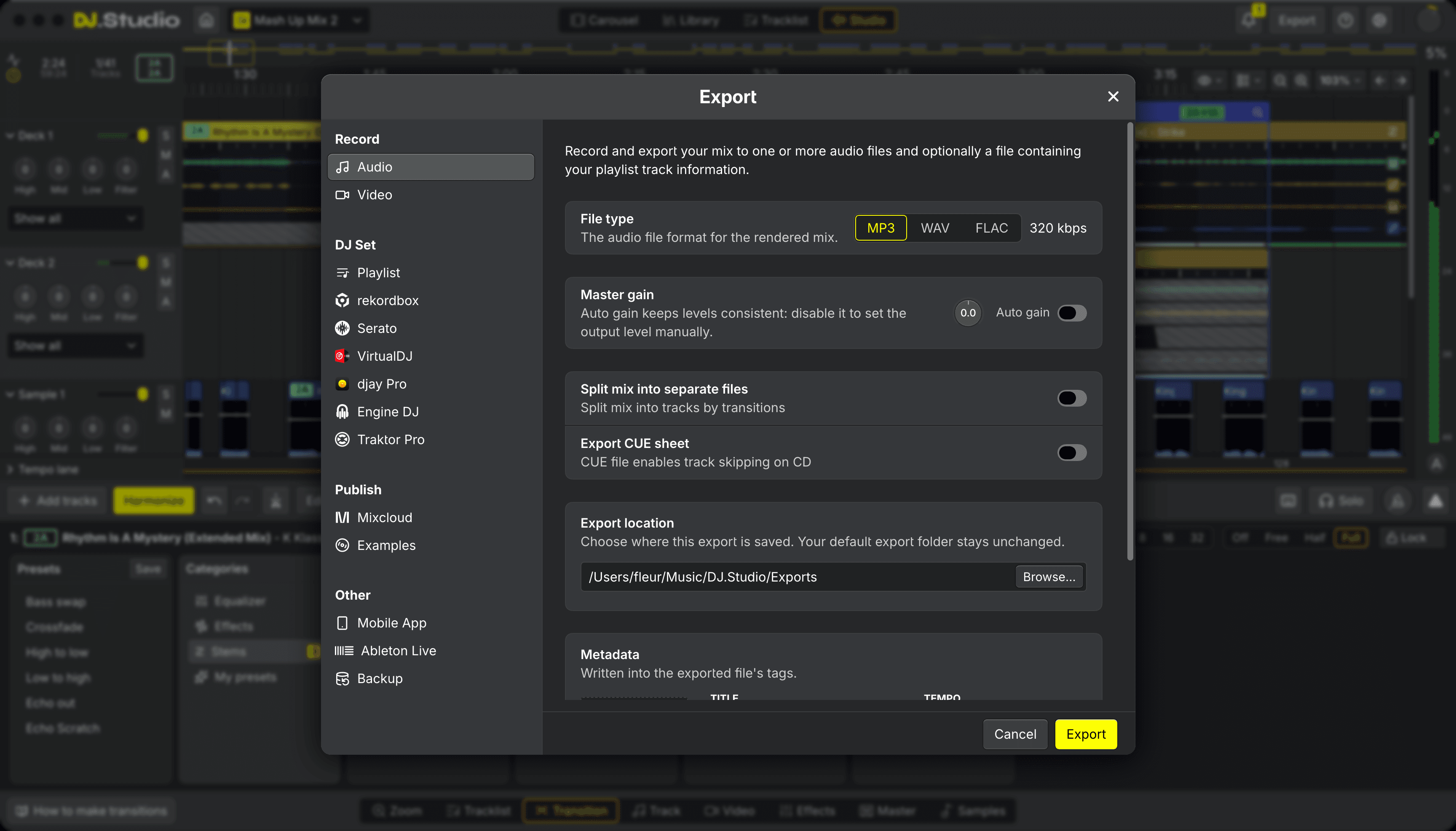 Exporting a DJ mix from DJ.Studio to MP3, rekordbox, Serato or Mixcloud