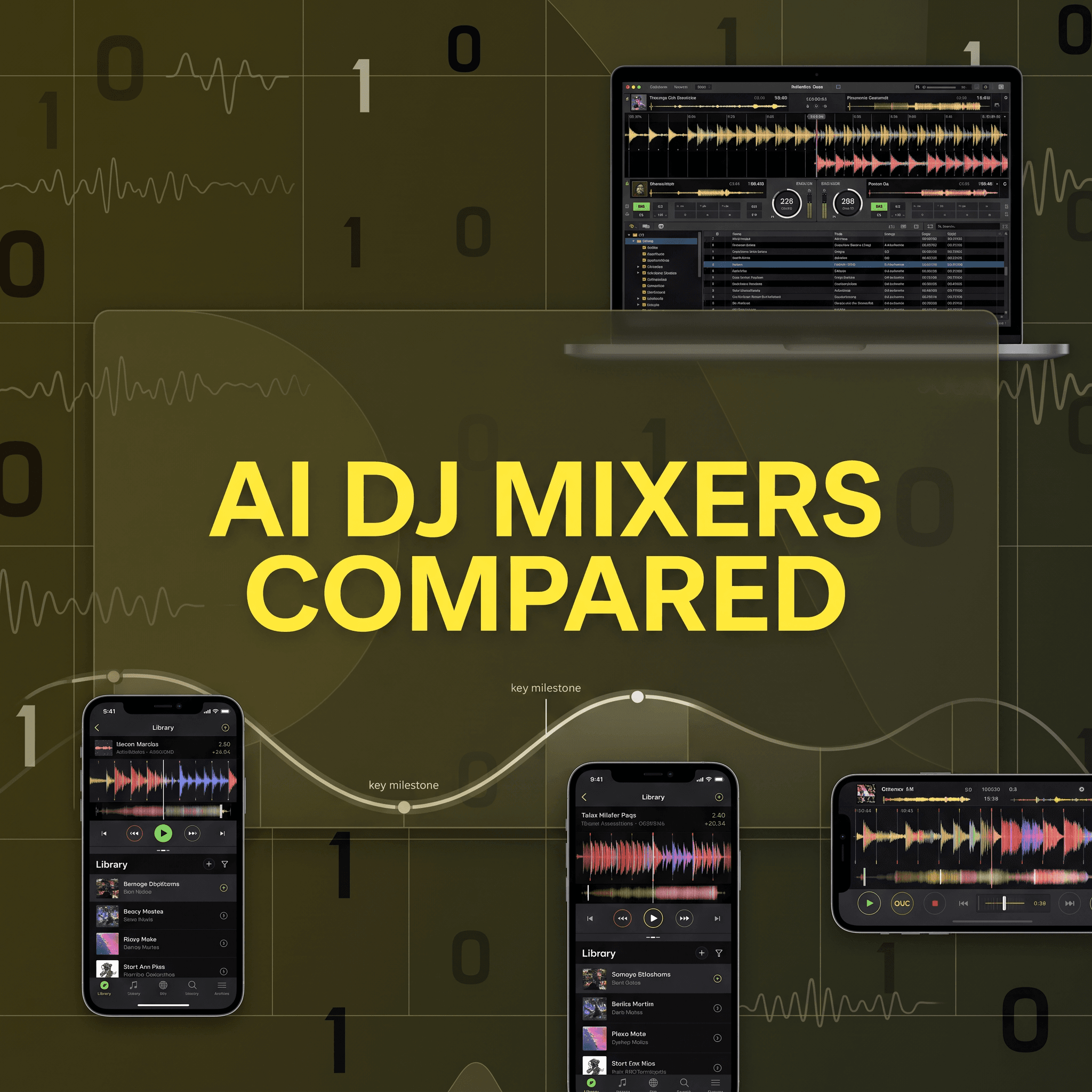AI DJ mixer apps and software compared, with DJ mixing software on a laptop and mixing apps on phone screens
