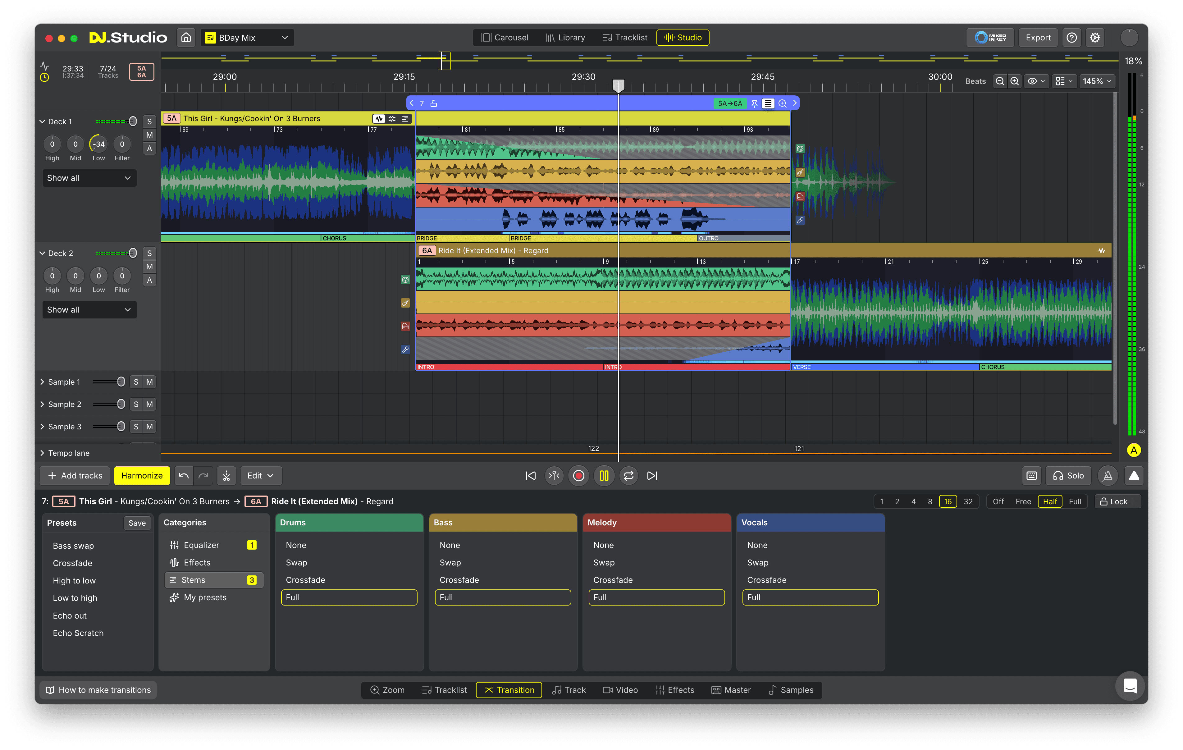 DJ.Studio timeline with a selected transition between two tracks, the transition editor with stem controls and sample lanes