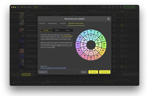 Modern DJ.Studio Harmonize panel with Camelot Wheel from April 2026