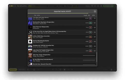 Modern DJ.Studio "Imported tracks" panel from April 2026